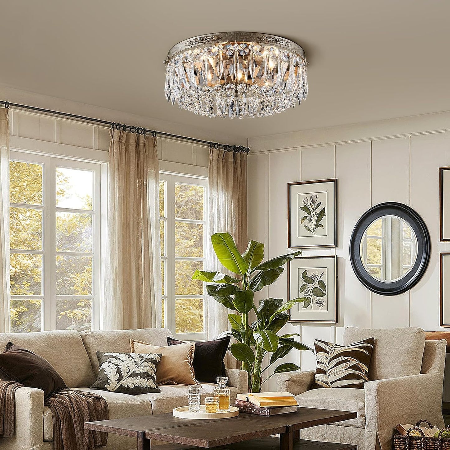 Antique Silver Crystal Semi Flush Mount Chandelier – 4-Light LED Ceiling Fixture