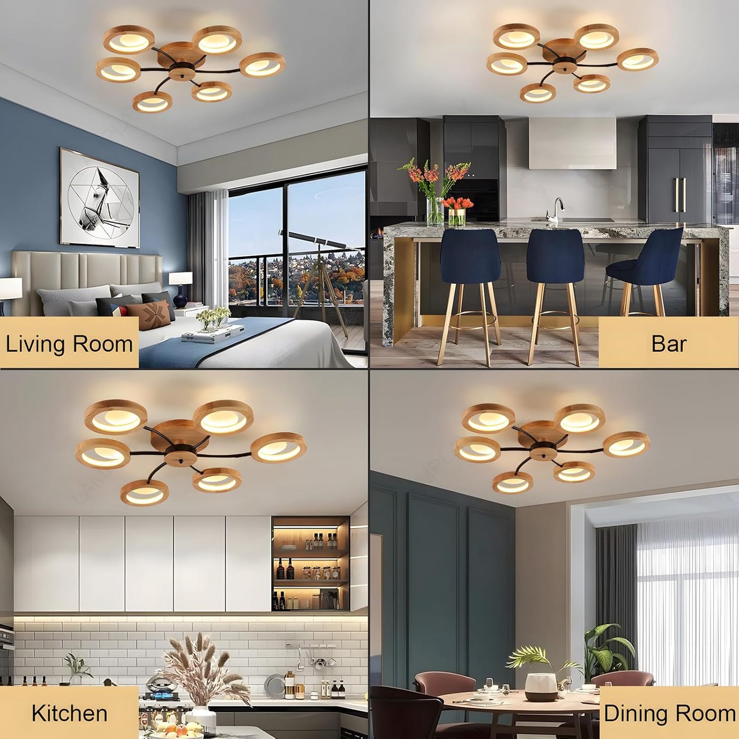 94cm LED Wooden Ceiling Light – Dimmable with Remote. Flower Design