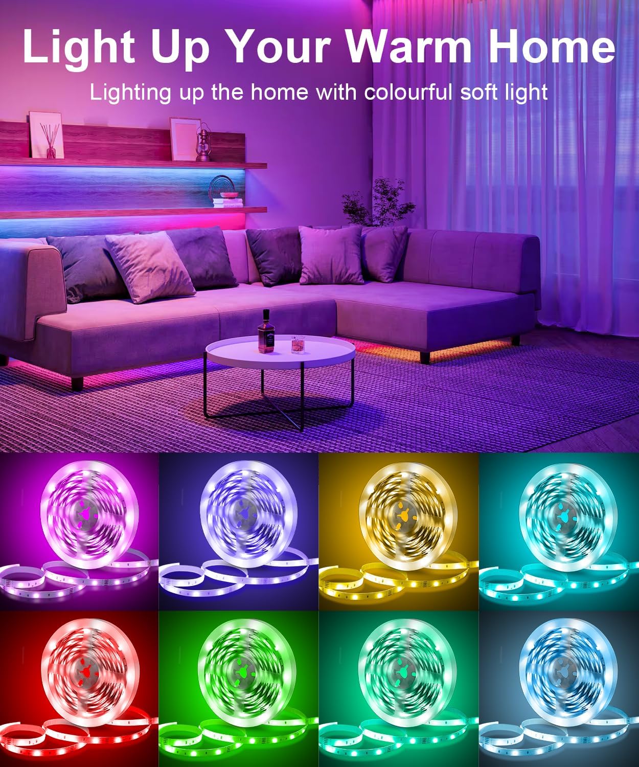 10M RGB LED Strip Lights. Music Sync. Remote & App