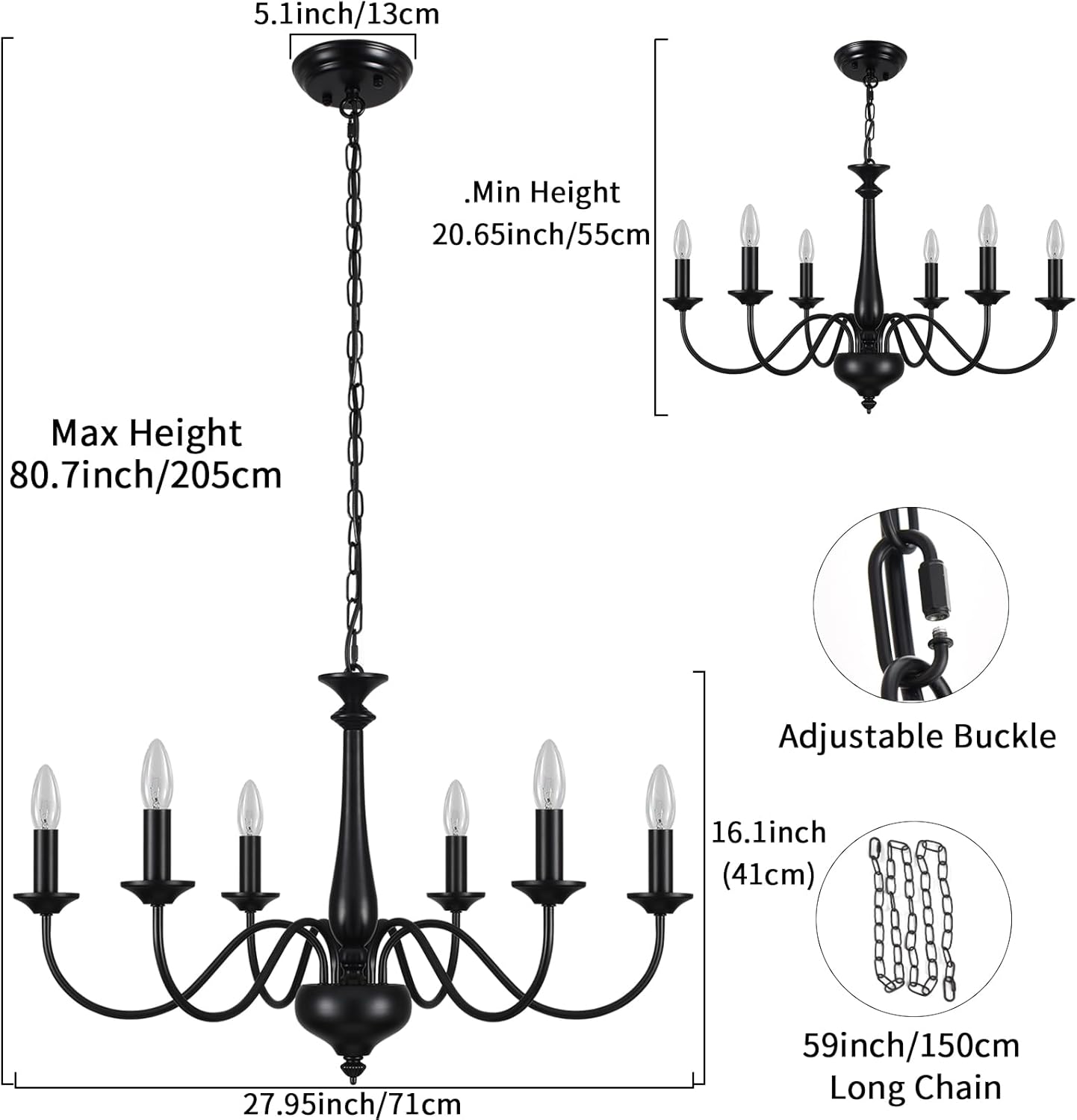 6-Light Black Chandelier – E14 Ceiling Light for Living Room. Dining. Bedroom. Kitchen