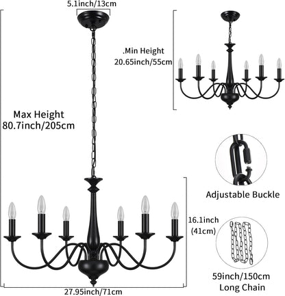 6-Light Black Chandelier – E14 Ceiling Light for Living Room. Dining. Bedroom. Kitchen