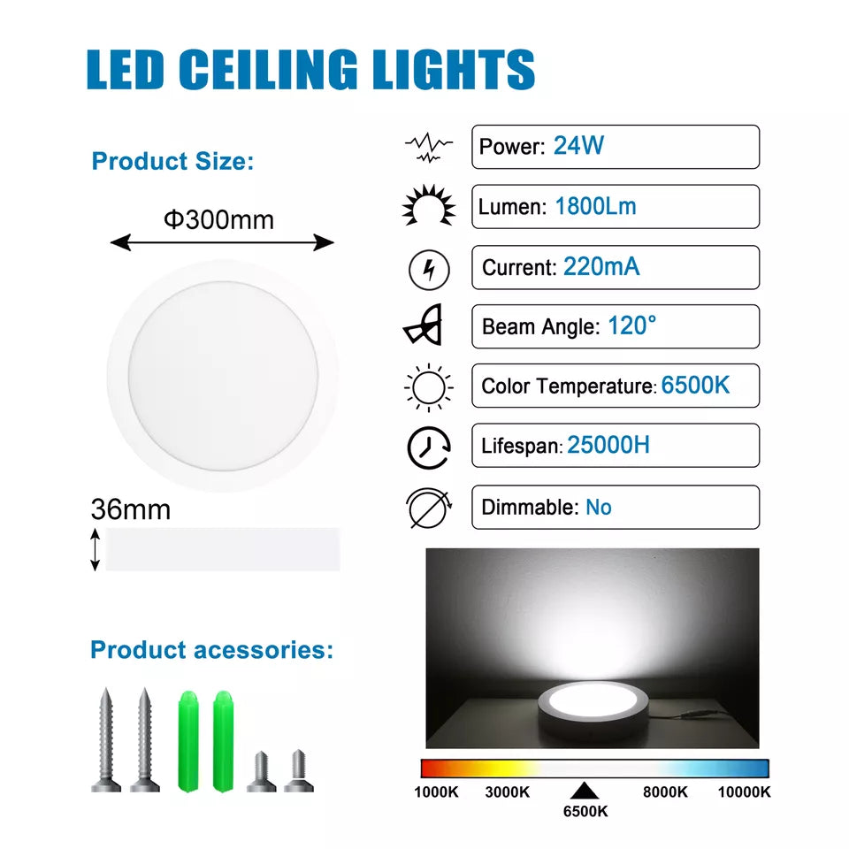 LED Round Ceiling Light – 10W-24W. Cool White