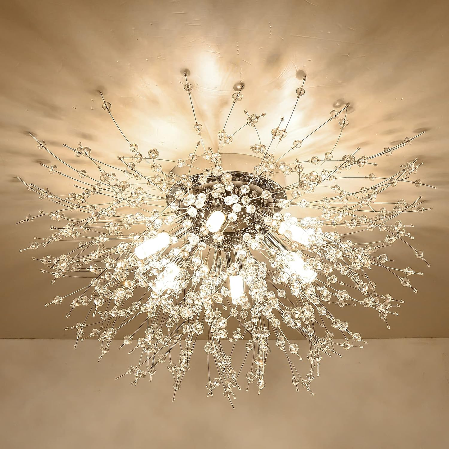 Modern Fireworks Crystal Chandelier – Flush Mount Ceiling Light with K9 Crystals and 6 G9 LEDs for Living Rooms. Bedrooms. and Hallways