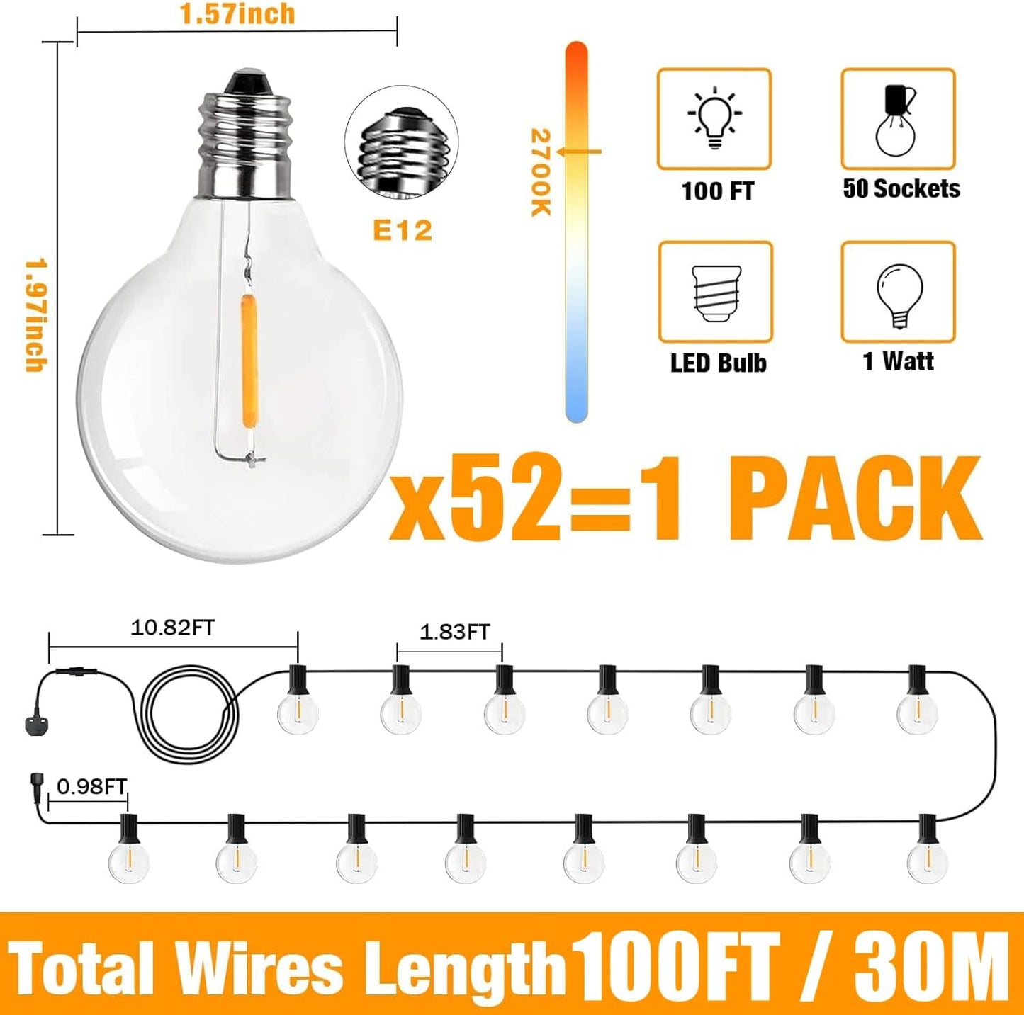 100FT Outdoor LED String Lights. Waterproof. 52 Bulbs