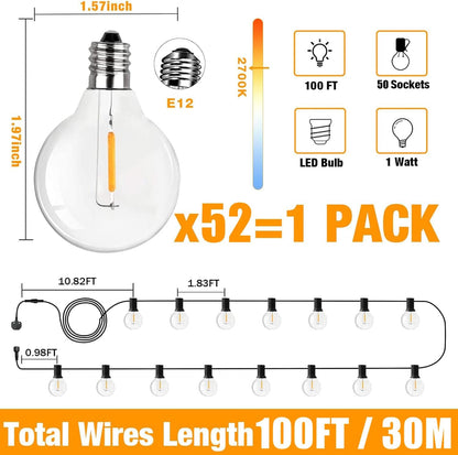100FT Outdoor LED String Lights. Waterproof. 52 Bulbs