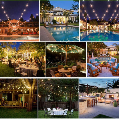 48FT Outdoor LED String Lights. S14 Festoon Lights with 15 E27 Sockets. IP65 Waterproof. 2700K Warm White for Garden. Patio. Party