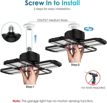 200W LED Garage Light 1 Pack - 20000LM 6500K Deformable Ceiling Lighting Fixture with 12 Adjustable Panels - E26/E27 Bay Light for Basement