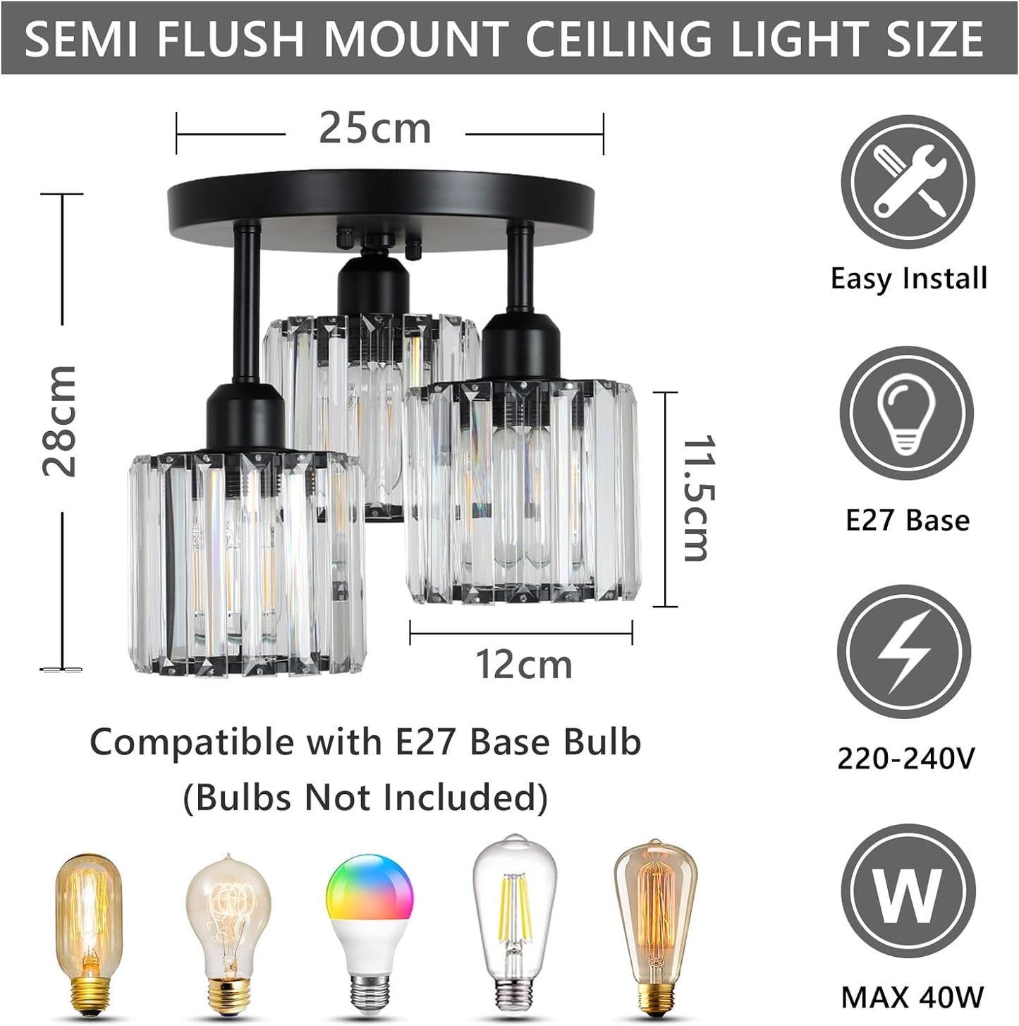 Modern Crystal Chandeliers Ceiling Light. 3-Lights Crystal Ceiling Lights Living Room. Black Semi Flush Ceilings Light Fittings for Hallway
