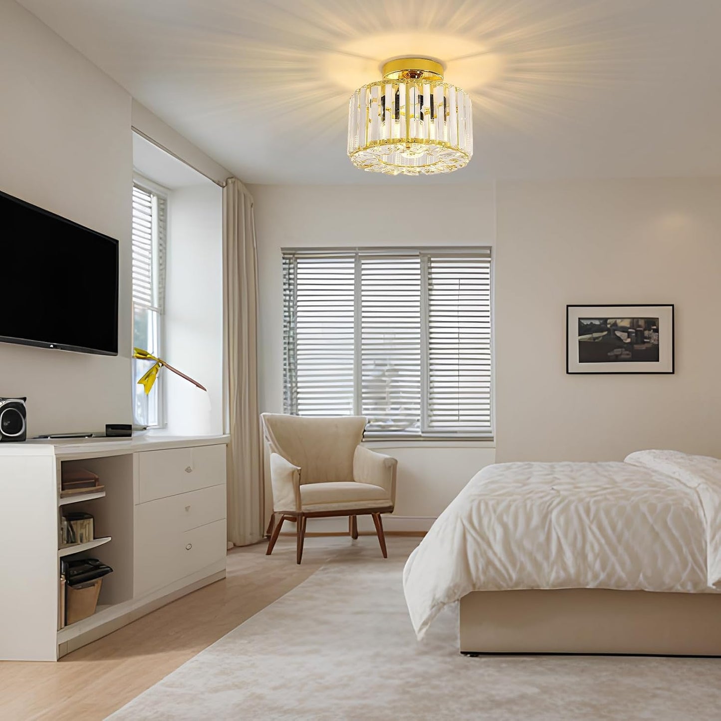 Gold Crystal Semi Flush Mount Ceiling Light. Modern Industrial Fixture