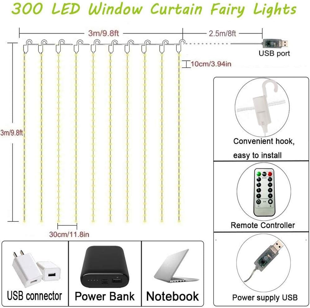300 LED USB Curtain Lights – 8 Modes. Waterproof. Remote
