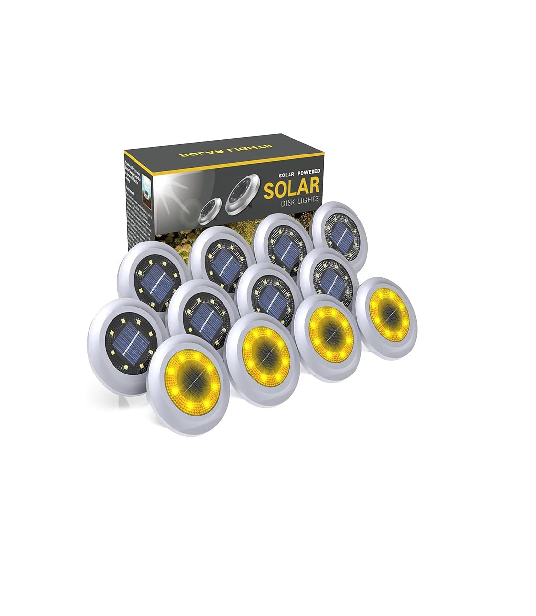 8-Pack Solar Disk Lights. Bright White Outdoor Pathway Lamps