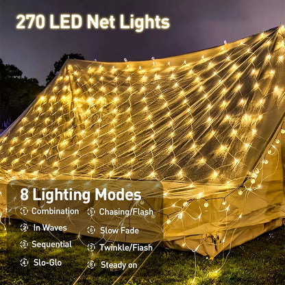 LED Net Fairy Lights – 270 Warm White. 8 Modes
