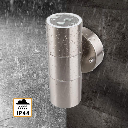 Modern Outdoor Up Down Wall Light – Stainless Steel. IP65 Waterproof. Mains Powered Exterior Sconce for Porch. Patio. or Garage