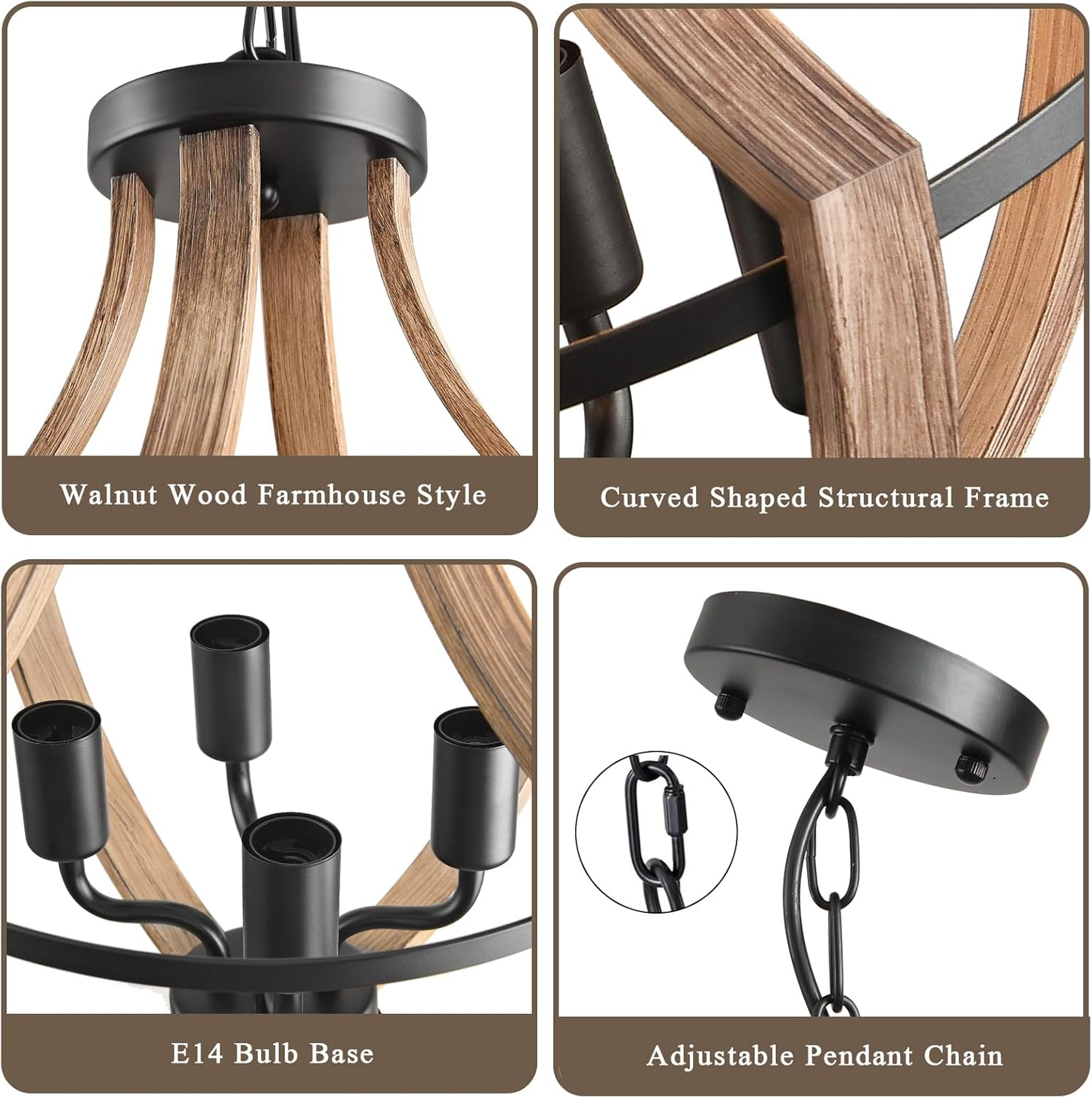 4-Light Farmhouse Chandelier – Retro Flush Mount Ceiling Light Fixture with Wood Grain Finish & Black Metal for Hallway. Dining Room & Bedroom