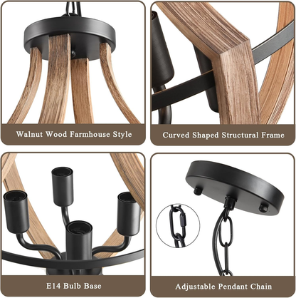 4-Light Farmhouse Chandelier – Retro Flush Mount Ceiling Light Fixture with Wood Grain Finish & Black Metal for Hallway. Dining Room & Bedroom