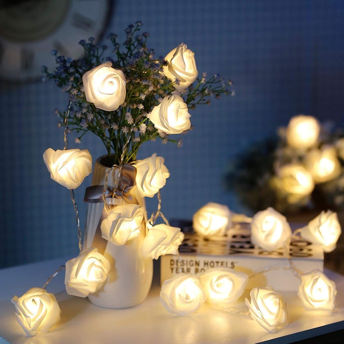 LED Rose Flower String Lights. 20 Warm White Battery Fairy Lights