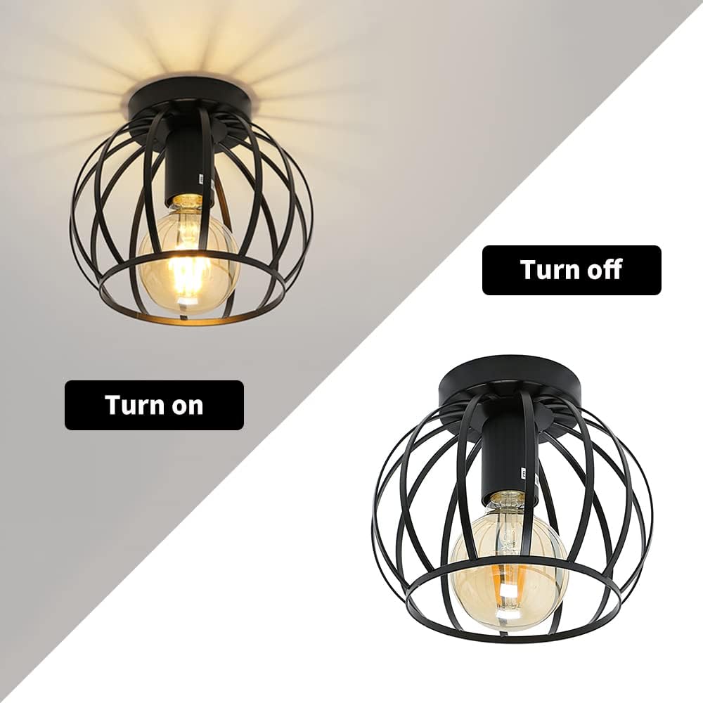 Vintage Semi Flush Ceiling Light – Black Metal Cage Fixture with E27 Holder for Living Room. Kitchen. Bedroom. or Hallway