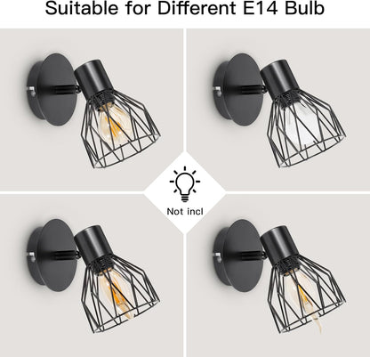 Adjustable Industrial Black Metal Cage Wall Lights. 2 Pack