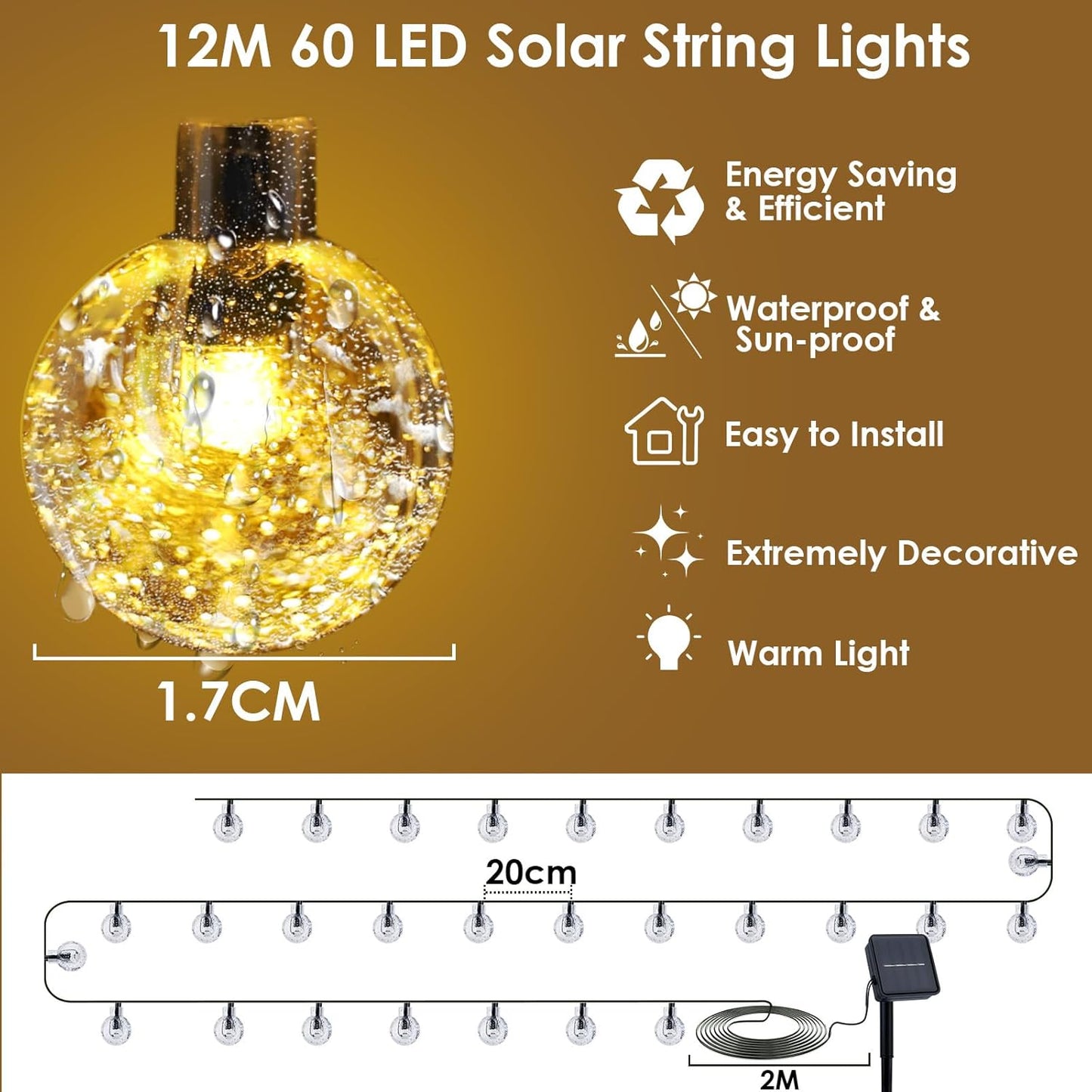 Solar Garden String Lights – 60 LED Crystal Ball. 12M. 8 Modes. IP65 Waterproof. Warm White