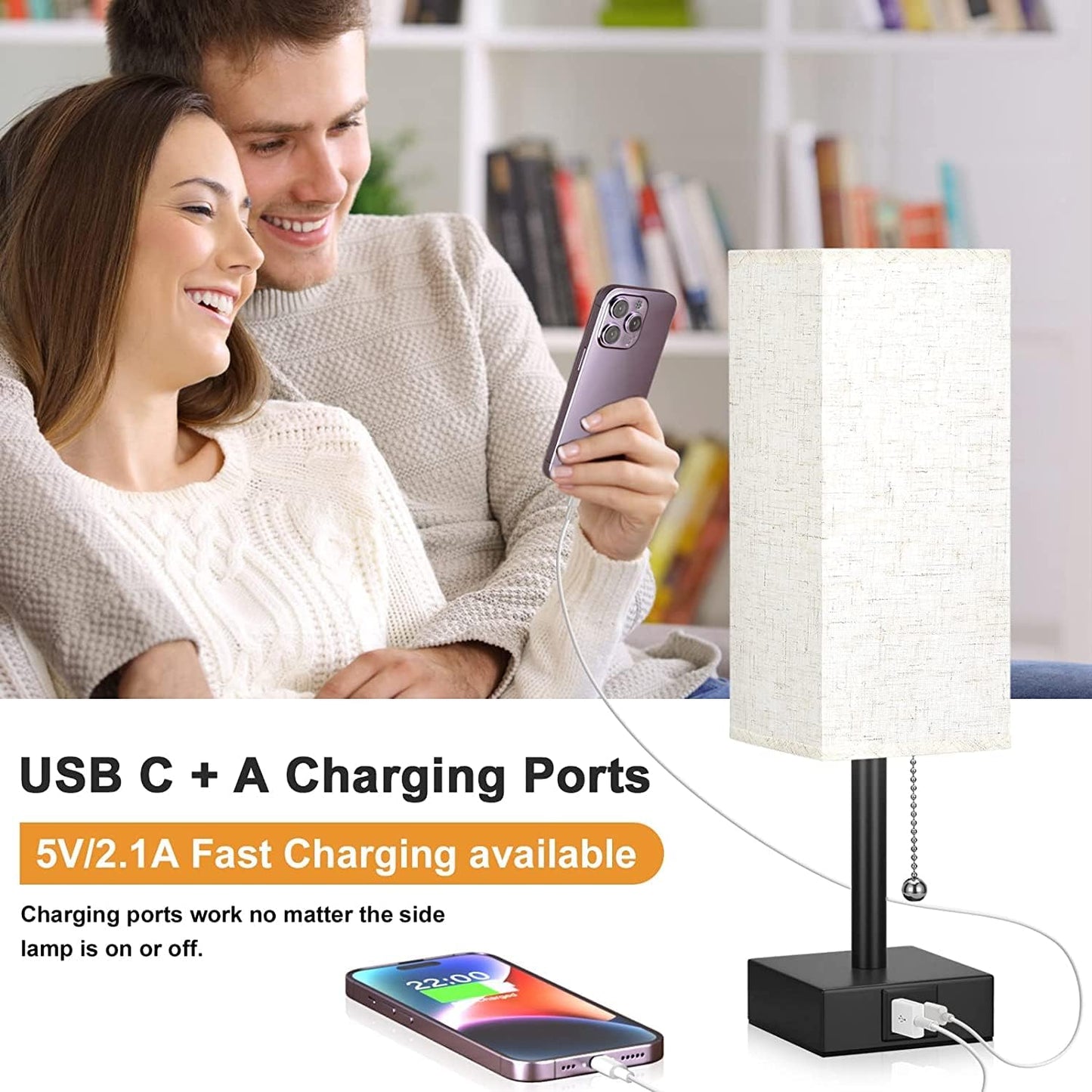 USB Bedside Table Lamp with 3 Color Modes & Pull Chain