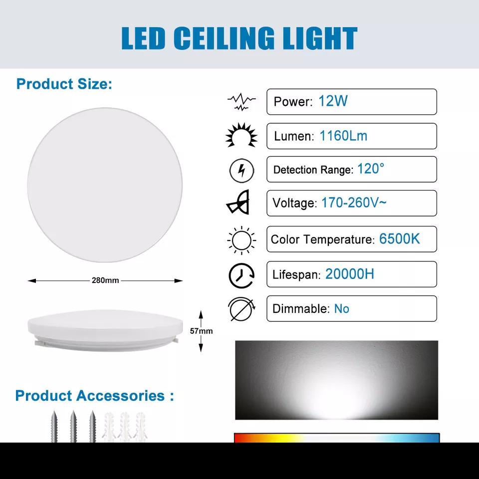 Modern Round LED Ceiling Light – 12W/18W. Waterproof. 6500K