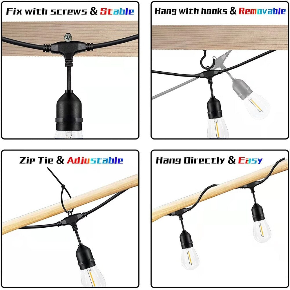 48FT Outdoor LED String Lights. S14 Festoon Lights with 15 E27 Sockets. IP65 Waterproof. 2700K Warm White for Garden. Patio. Party
