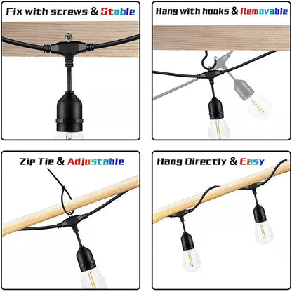 48FT Outdoor LED String Lights. S14 Festoon Lights with 15 E27 Sockets. IP65 Waterproof. 2700K Warm White for Garden. Patio. Party