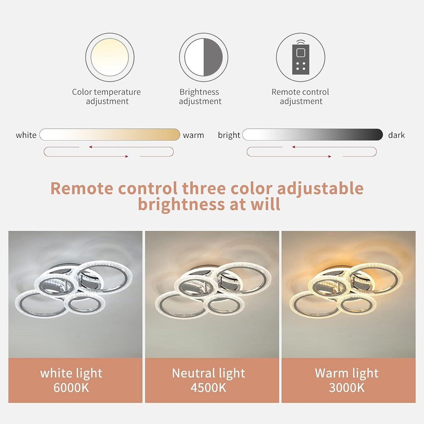 Modern 4-Ring LED Ceiling Light 58W Dimmable with Remote