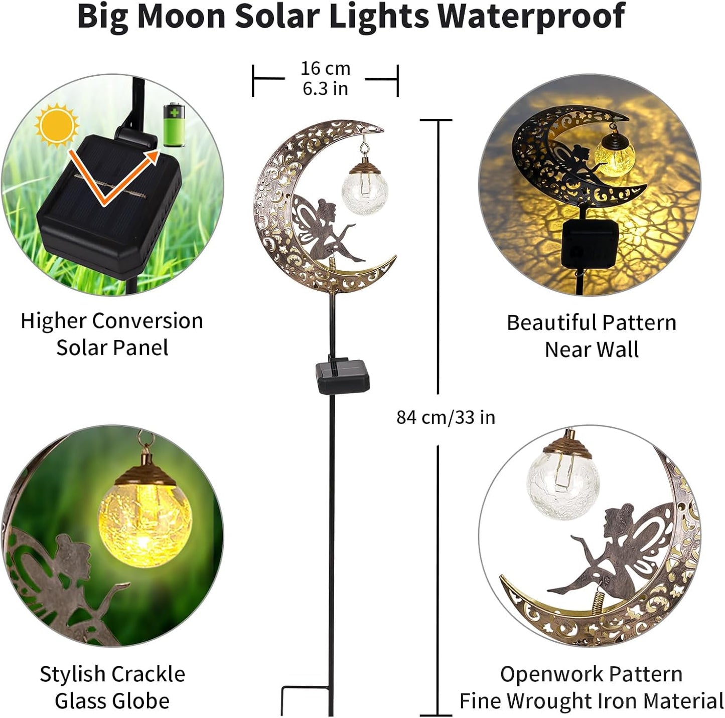 Solar Lights Outdoor Garden Ornaments – Moon Fairy Solar Crackle Glass Lights. Waterproof LED Metal Stake Light for Patio. Lawn & Pathway Decorations