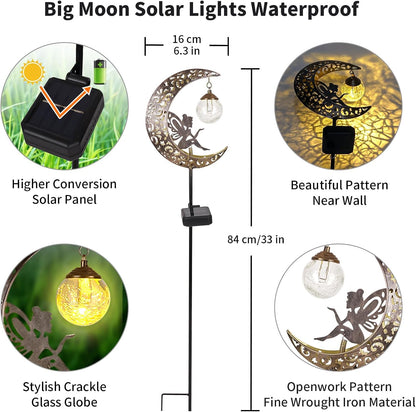Solar Lights Outdoor Garden Ornaments – Moon Fairy Solar Crackle Glass Lights. Waterproof LED Metal Stake Light for Patio. Lawn & Pathway Decorations