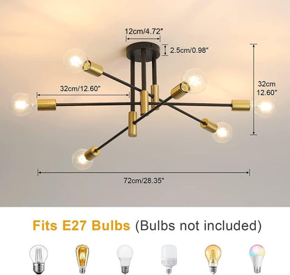 Sputnik Chandelier Ceiling Light 6-Light Black Gold Vintage