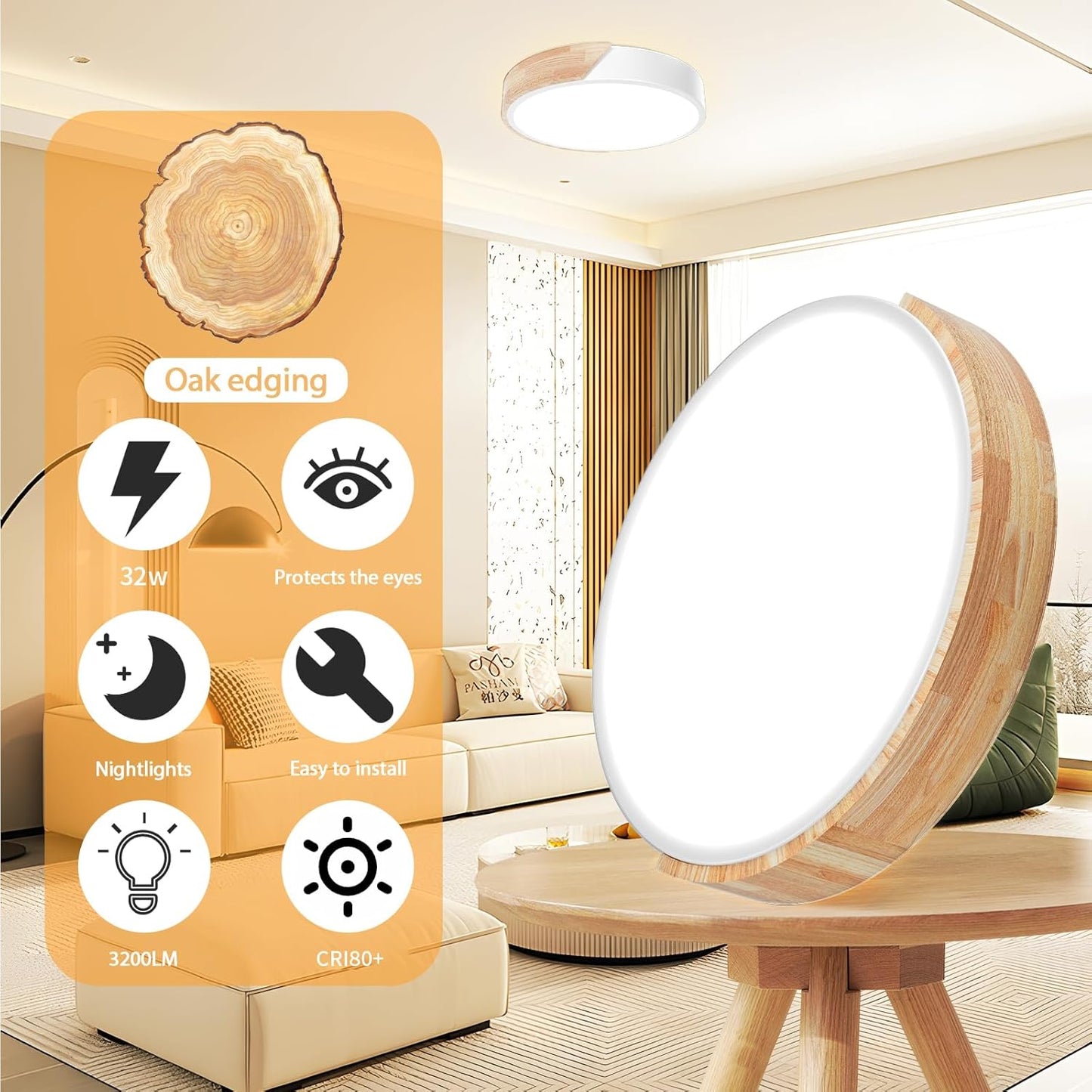 Wooden LED Ceiling Light. Dimmable Modern Fixture with Remote