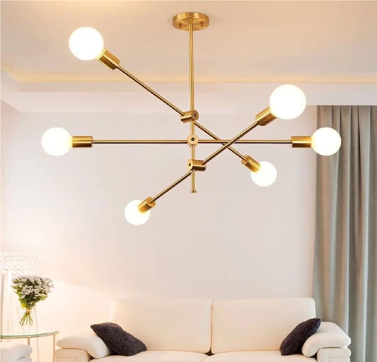 Semi-Recessed Sputnik Chandelier with 6 Lights – Antique Brushed Gold Modern Ceiling Fixture for Living Rooms. Bedrooms. and Dining Spaces