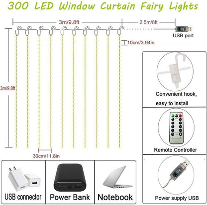 300 LED USB Curtain Lights – 8 Modes. Waterproof. Remote