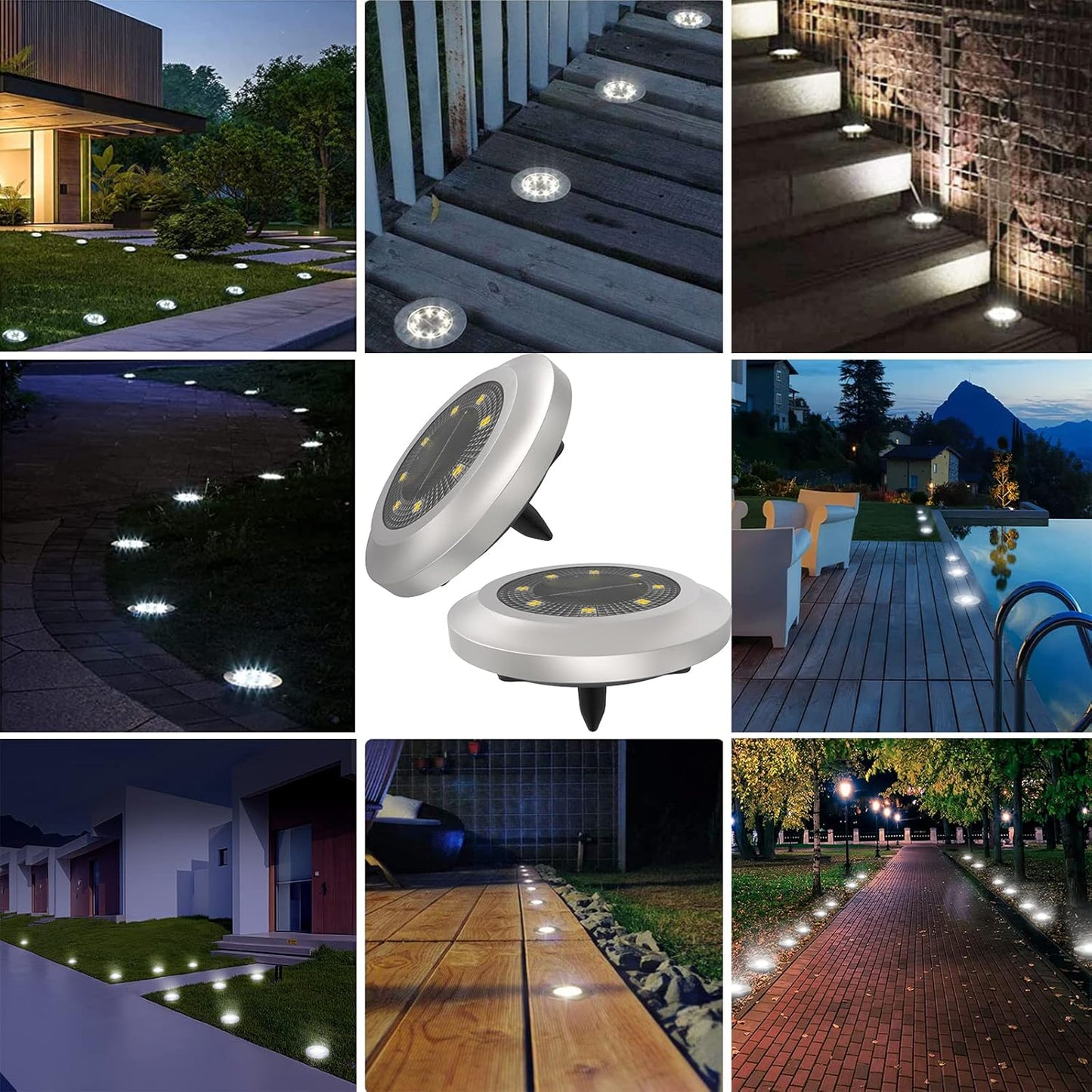 8-Pack Solar Disk Lights. Bright White Outdoor Pathway Lamps