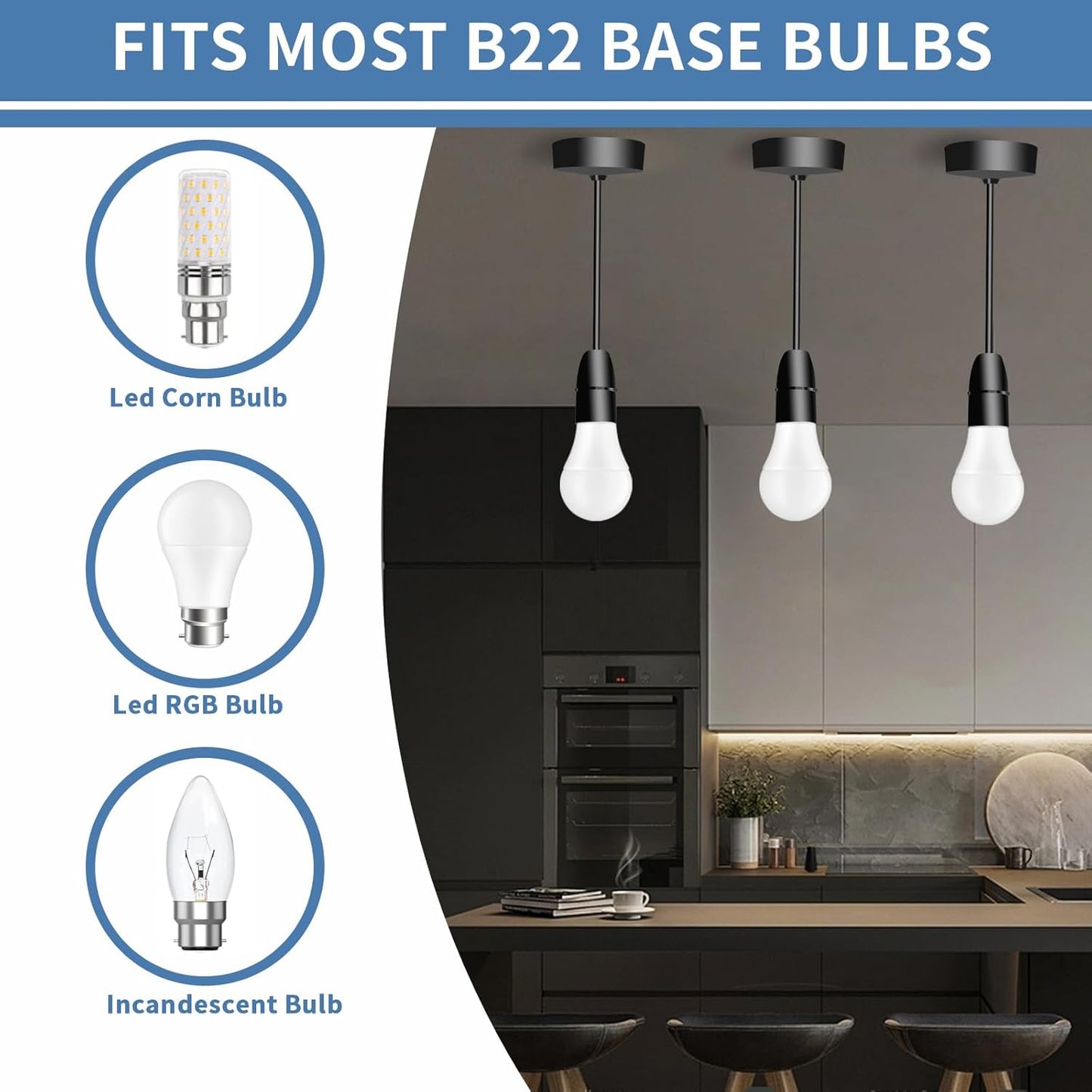 Ceiling Pendant Light Fitting. B22 Lamp Holder. 6(150mm). Black Plastic Light Bulb Holder. Ceiling Rose for Kitchen Island Living Room Bedroom Lightings