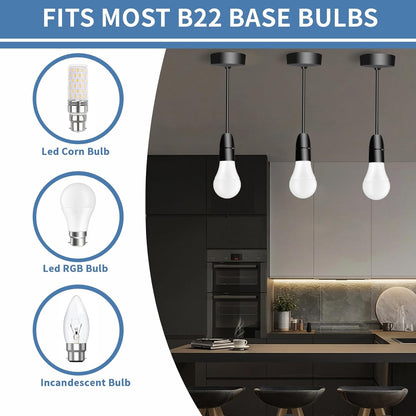 Ceiling Pendant Light Fitting. B22 Lamp Holder. 6(150mm). Black Plastic Light Bulb Holder. Ceiling Rose for Kitchen Island Living Room Bedroom Lightings