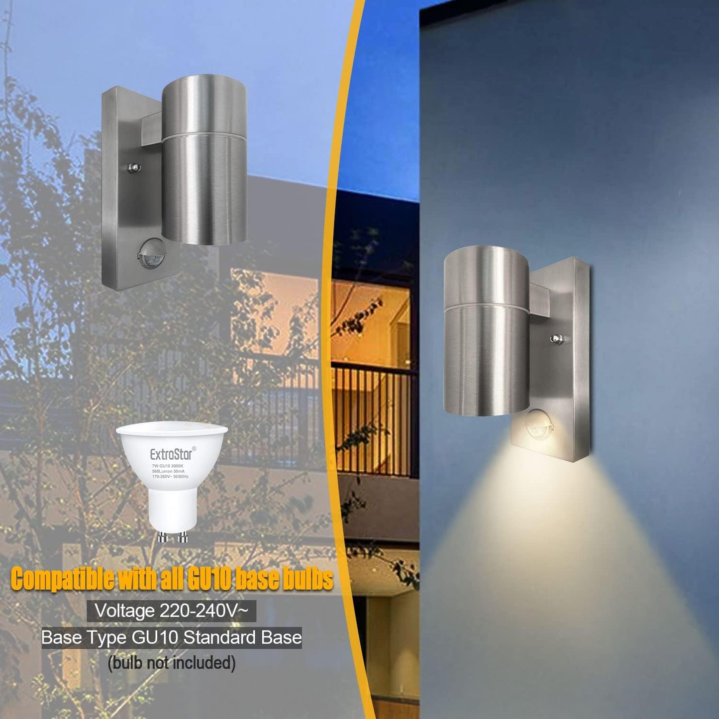 Outdoor Wall Light with PIR Motion Sensor. GU10 Base. IP44