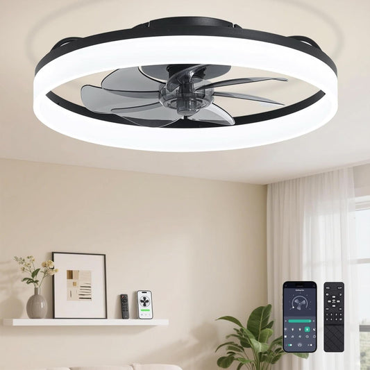 20 Inch Ceiling Fan With Remote DC Motor Black Finish Low Profile Energy Efficient With Dimmable LED Light