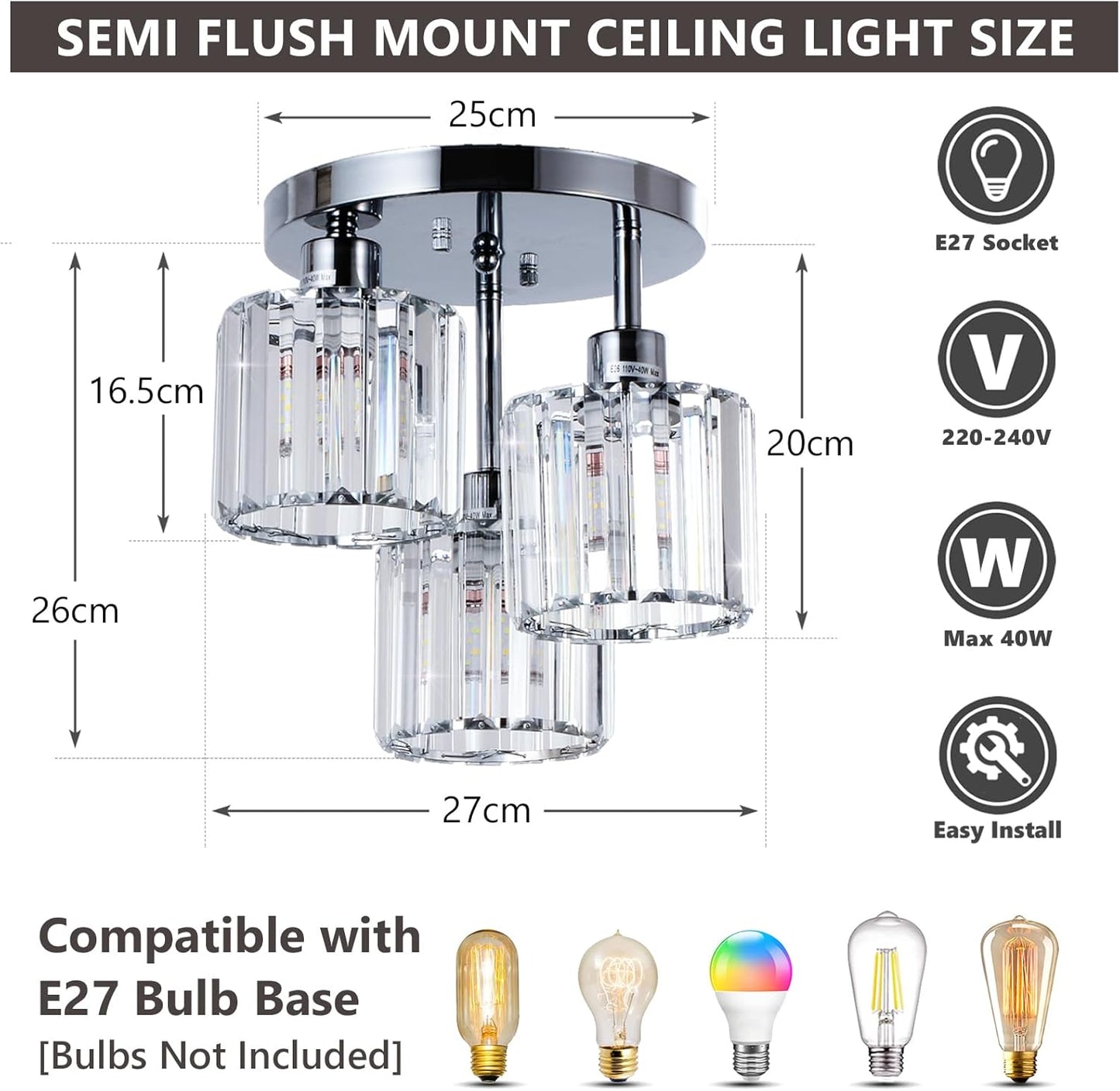 Modern 3-Light Crystal Ceiling Light – Chrome Semi Flush Mount Fixture
