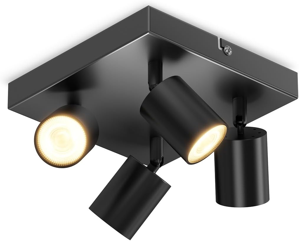 Black Square GU10 Ceiling Light – 4 Way Adjustable Spotlight Fitting for Kitchen. Bedroom. Lounge. Dining Room (Bulb Not Included)