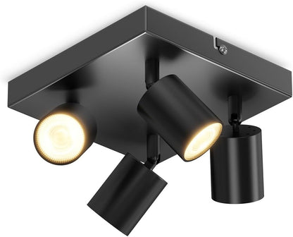 Black Square GU10 Ceiling Light – 4 Way Adjustable Spotlight Fitting for Kitchen. Bedroom. Lounge. Dining Room (Bulb Not Included)