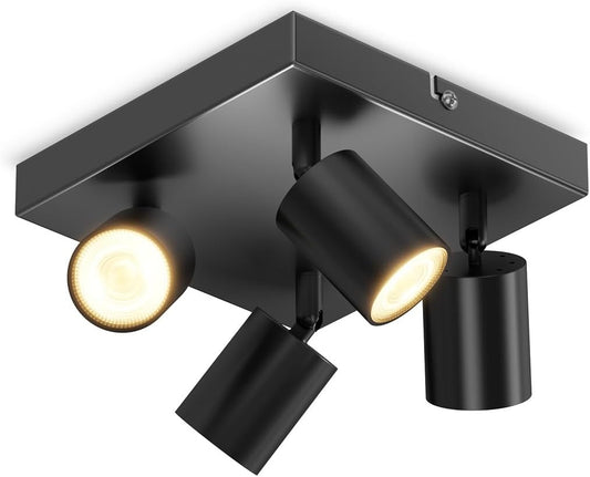Black Square GU10 Ceiling Light – 4 Way Adjustable Spotlight Fitting for Kitchen. Bedroom. Lounge. Dining Room (Bulb Not Included)