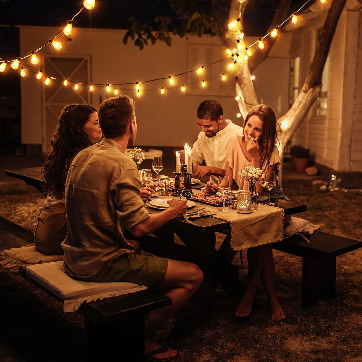 24FT Outdoor Festoon String Lights. 25 ST64 Vintage-Style LED Bulbs. Waterproof. 3000K Warm White. Mains Powered for Garden. Patio. Party
