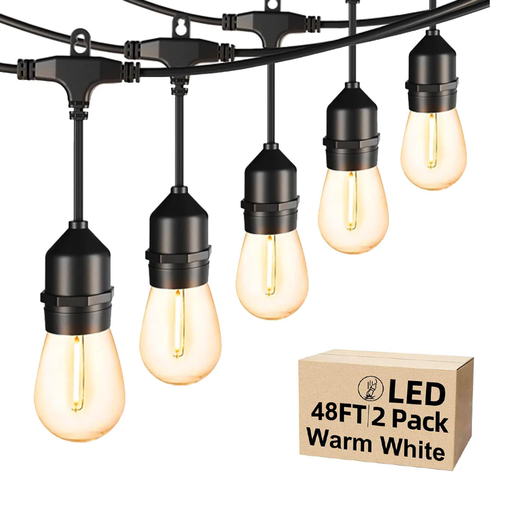 48FT Outdoor LED String Lights. S14 Festoon Lights with 15 E27 Sockets. IP65 Waterproof. 2700K Warm White for Garden. Patio. Party