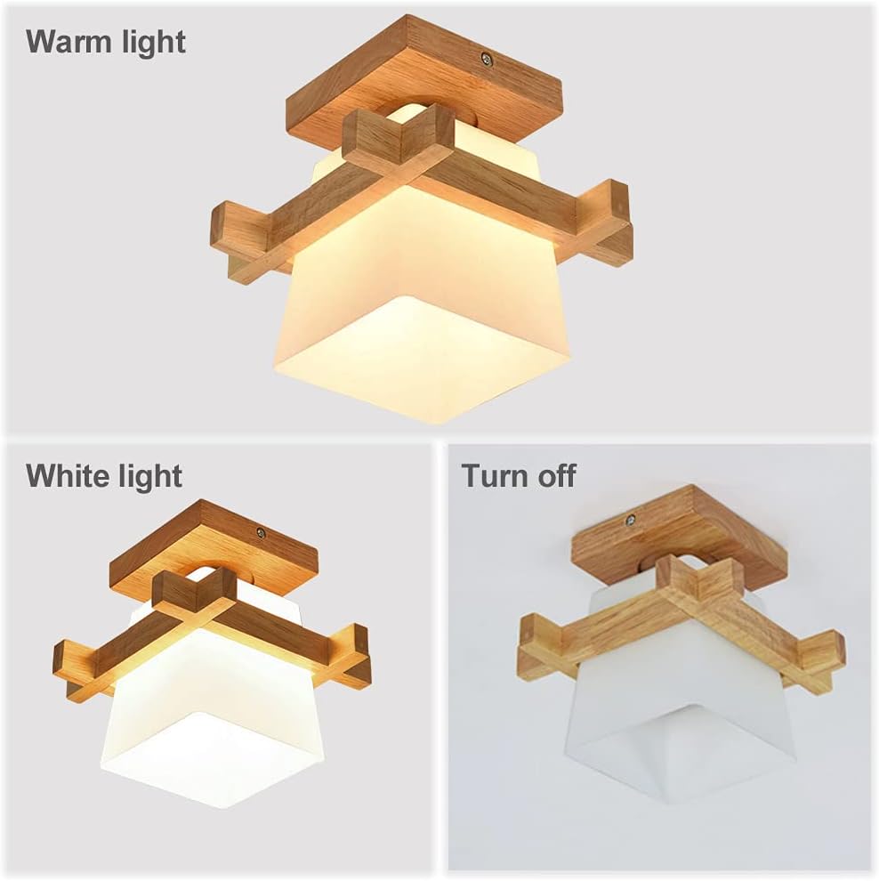 Wood Ceiling Light. Simple Japanese Tatami Style E27 Wooden Lamp with Glass Shade. Modern Ceiling Light Fixture for Hallway. Porch. Balcony. and Bedroom