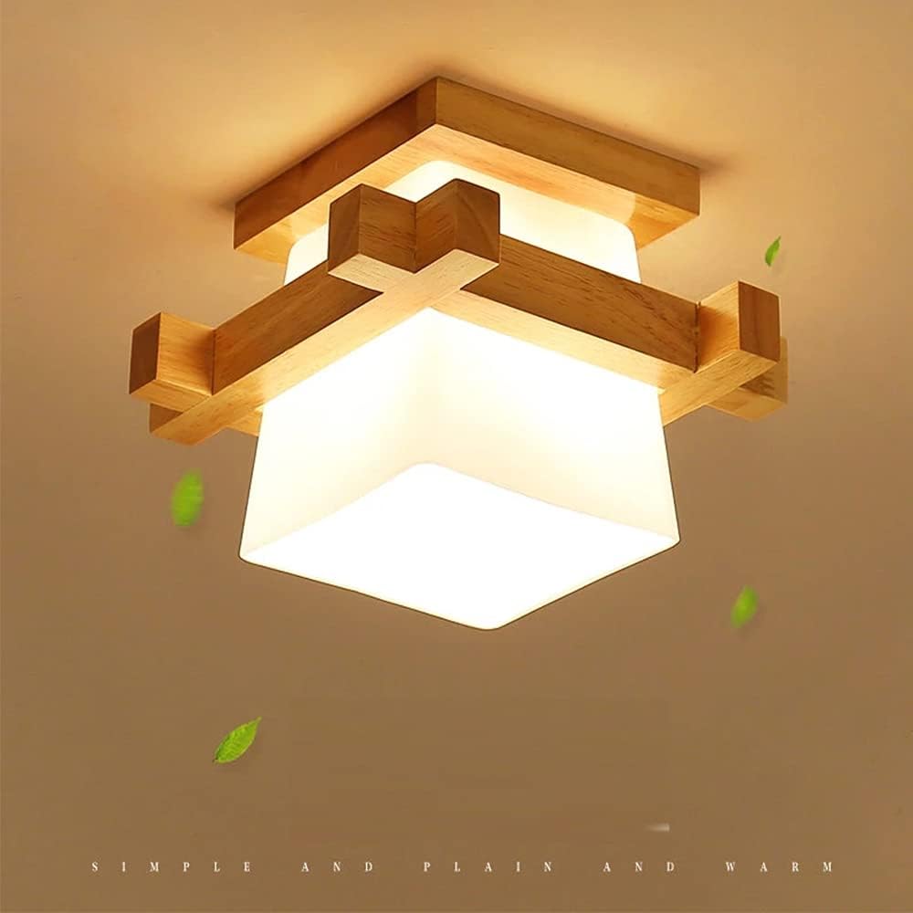 Wood Ceiling Light. Simple Japanese Tatami Style E27 Wooden Lamp with Glass Shade. Modern Ceiling Light Fixture for Hallway. Porch. Balcony. and Bedroom