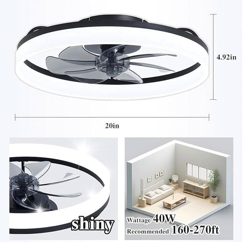 20 Inch Ceiling Fan With Remote DC Motor Black Finish Low Profile Energy Efficient With Dimmable LED Light