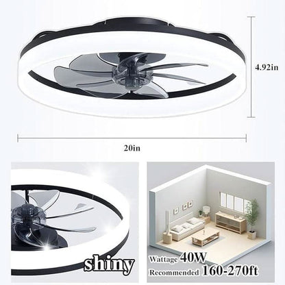 20 Inch Ceiling Fan With Remote DC Motor Black Finish Low Profile Energy Efficient With Dimmable LED Light