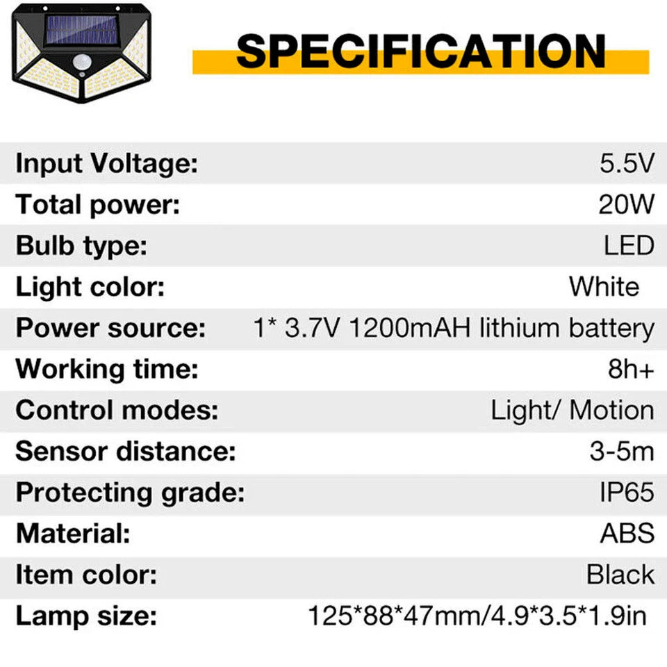 100 LED Solar Security Light. PIR Motion Sensor Wall Light. 3 Modes. 270° Wide Angle. IP65 Waterproof for Outdoor Garden